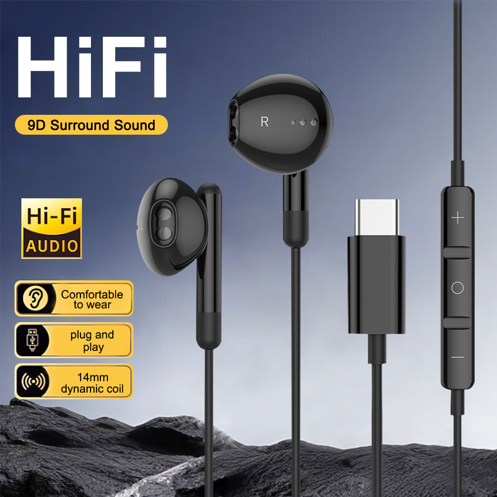 Type C Wired Earphones With Mic - Écouteurs filaires USB C, stéréo HiFi,